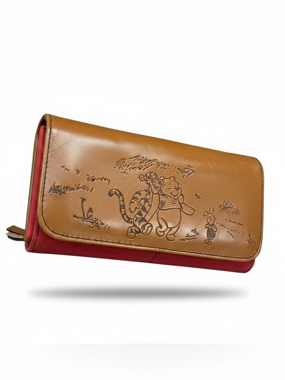 Disney Winnie the Pooh Red Brown Wallet Sketch Zip Around Wristlet